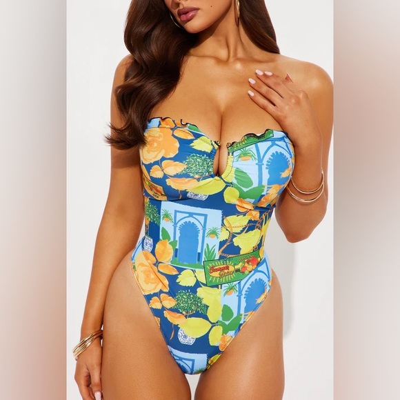 Fashion Nova Strapless Floral Citrus Print One-Piece Swimsuit - Blue/Yellow - Picture 2 of 9